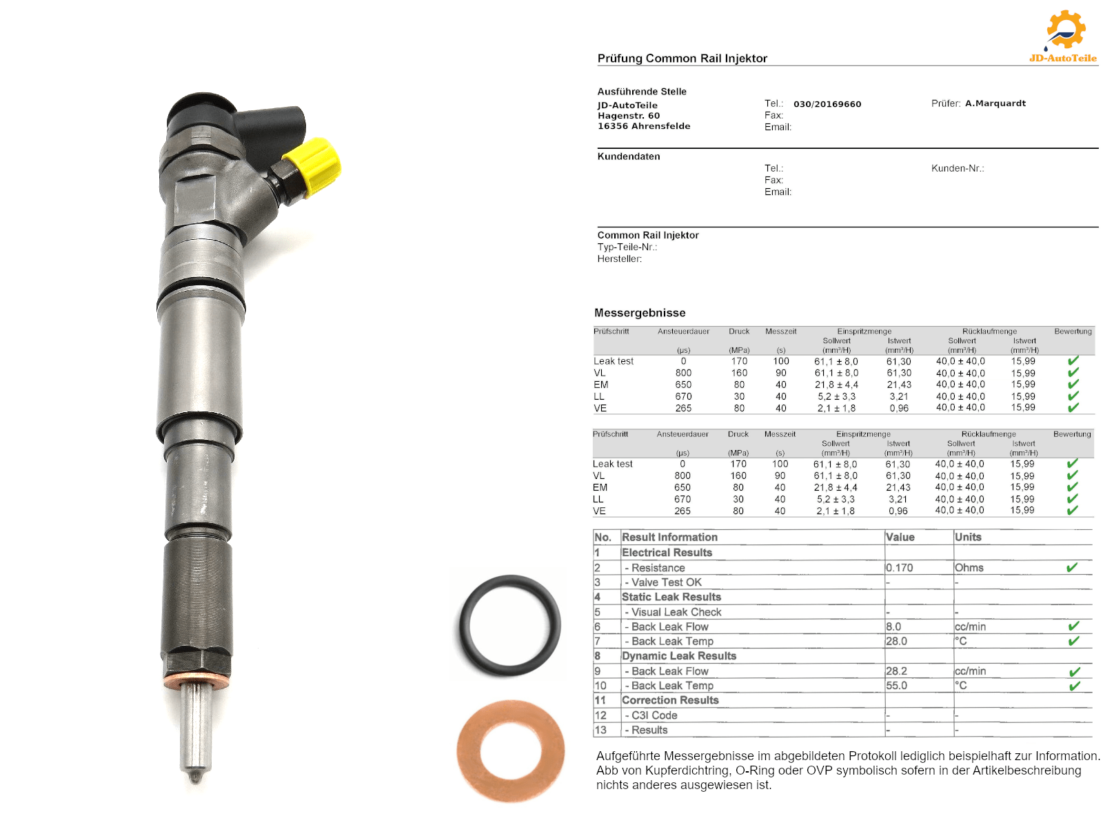 Diesel Injektor gereinigt mit Prüfbericht