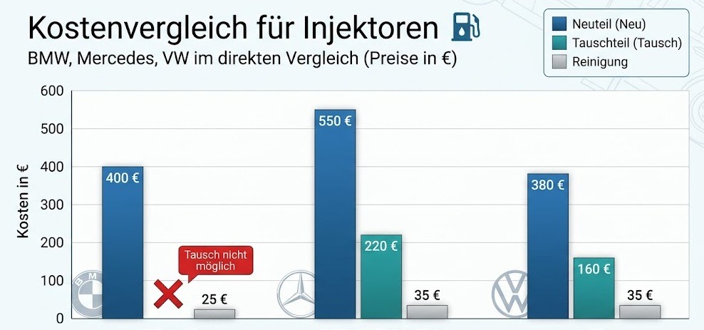 Balkendiagramm mit den drei Kostenoptionen (Reinigung Tauschteil Neuteil) für BMW, Mercedes, VW im direkten Vergleich